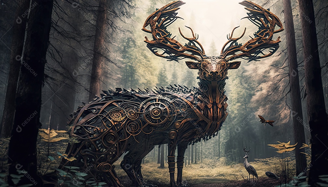 Ilustração de animais biomecânicos na floresta.