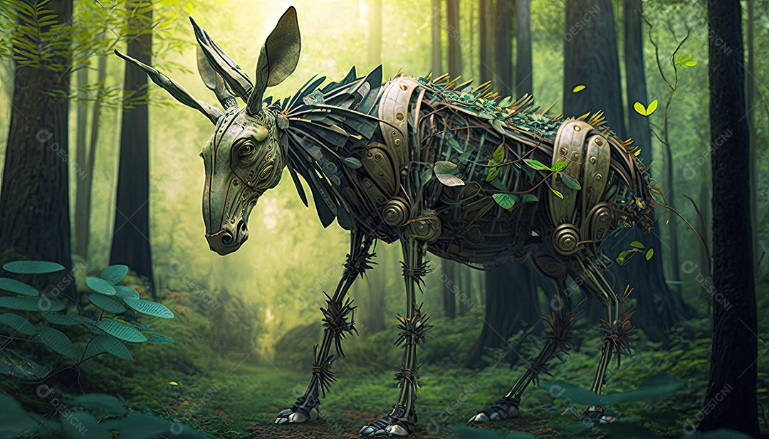 Ilustração de animais biomecânicos na floresta.