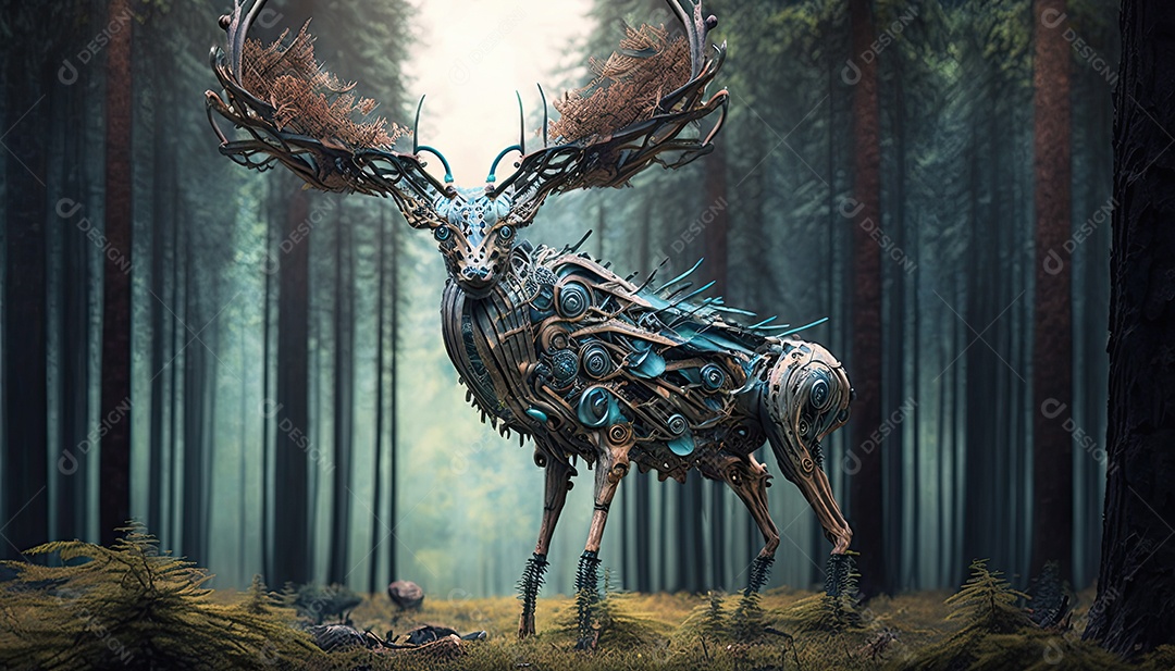 Ilustração de animais biomecânicos na floresta.