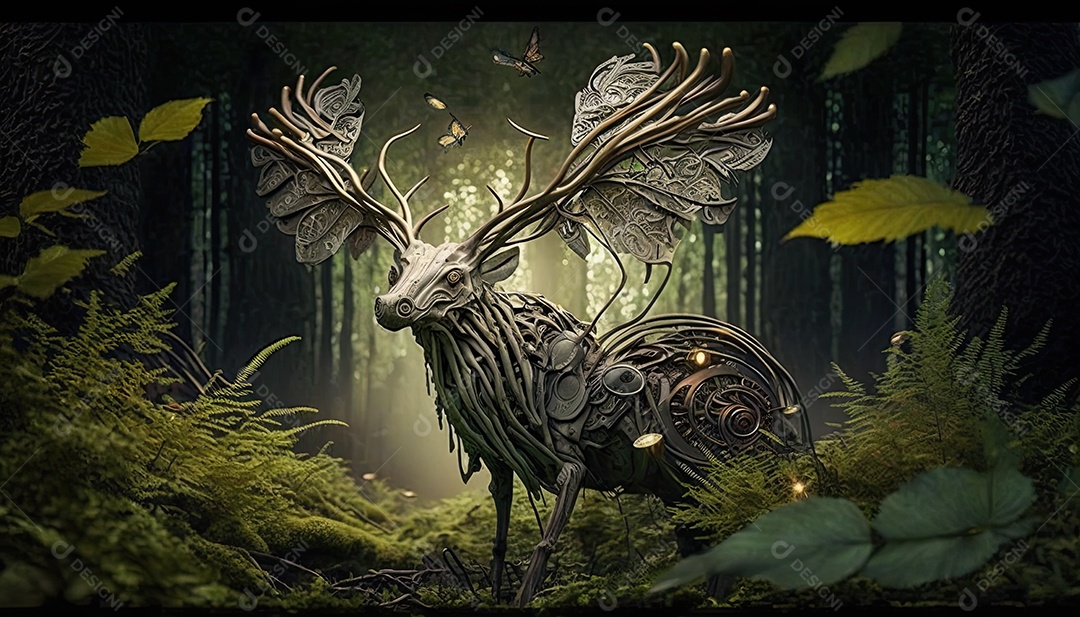 Ilustração de animais biomecânicos na floresta.