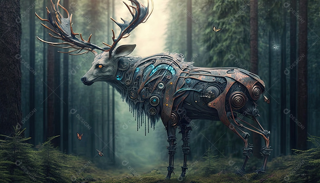 Ilustração de animais biomecânicos na floresta.