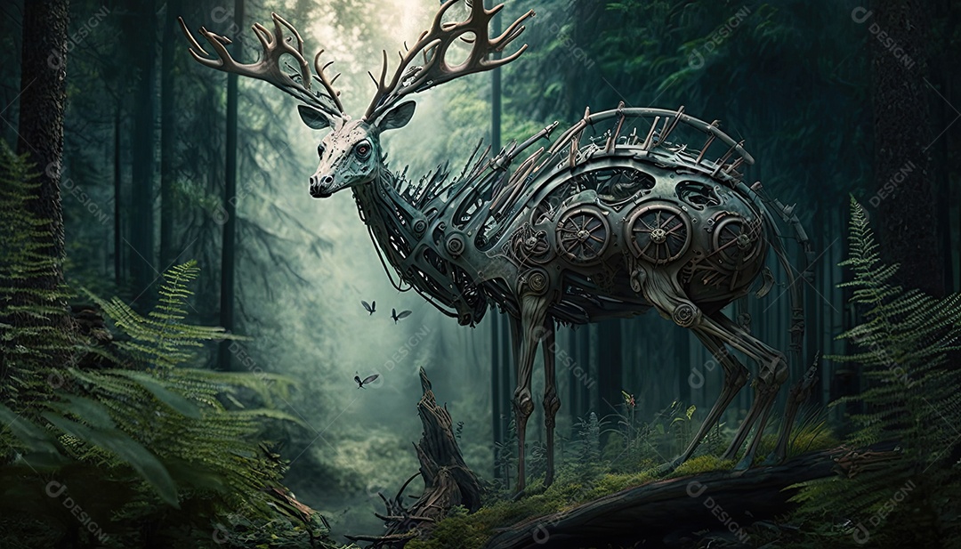 Ilustração de animais biomecânicos na floresta.