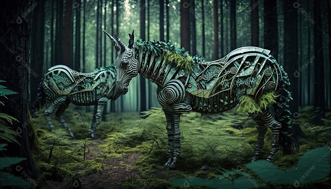 Ilustração de animais biomecânicos na floresta.