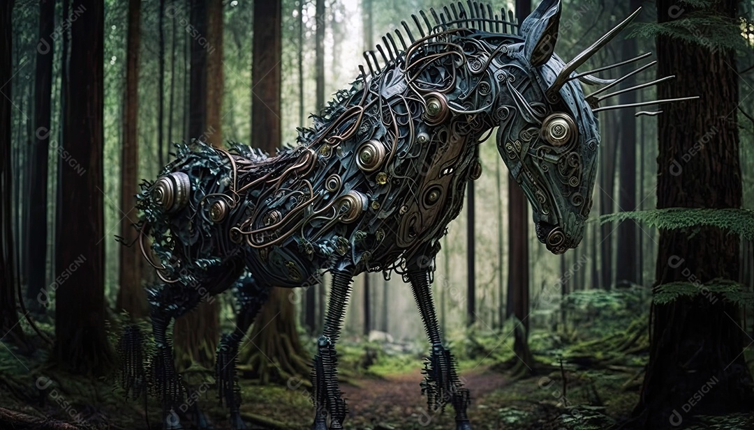 Ilustração de animais biomecânicos na floresta.