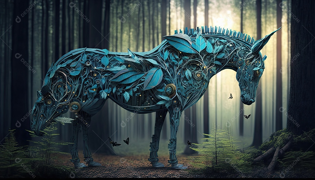 Ilustração de animais biomecânicos na floresta.