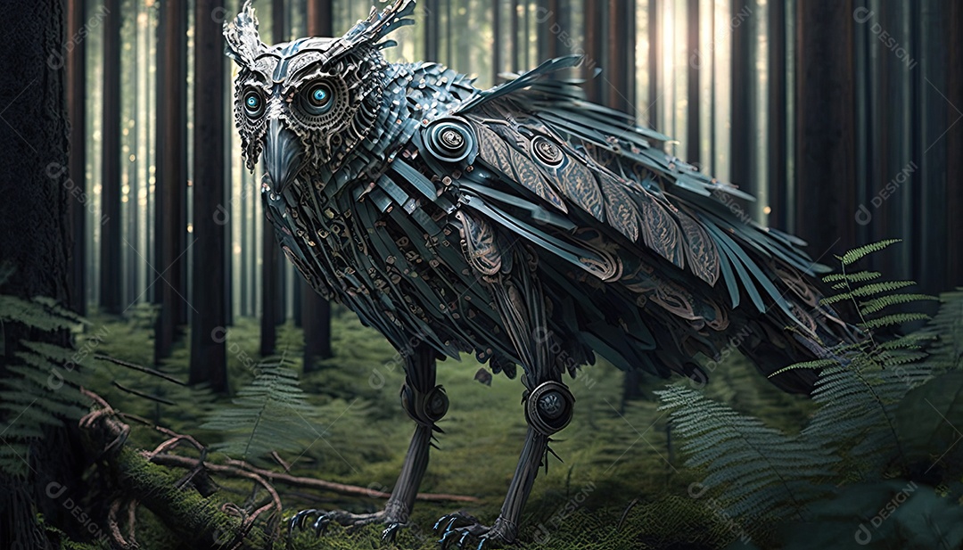 Ilustração de animais biomecânicos na floresta.