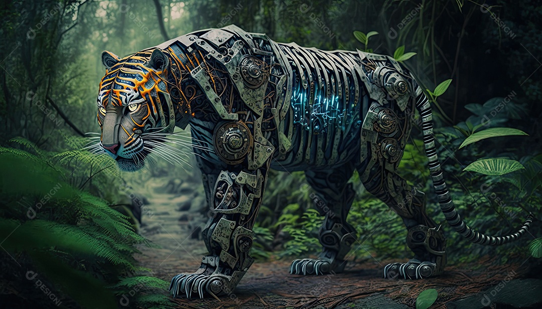 Ilustração de animais biomecânicos na floresta.