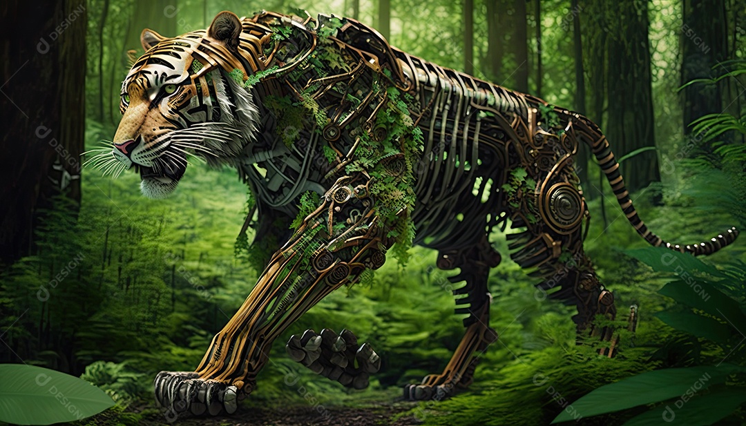 Ilustração de animais biomecânicos na floresta.