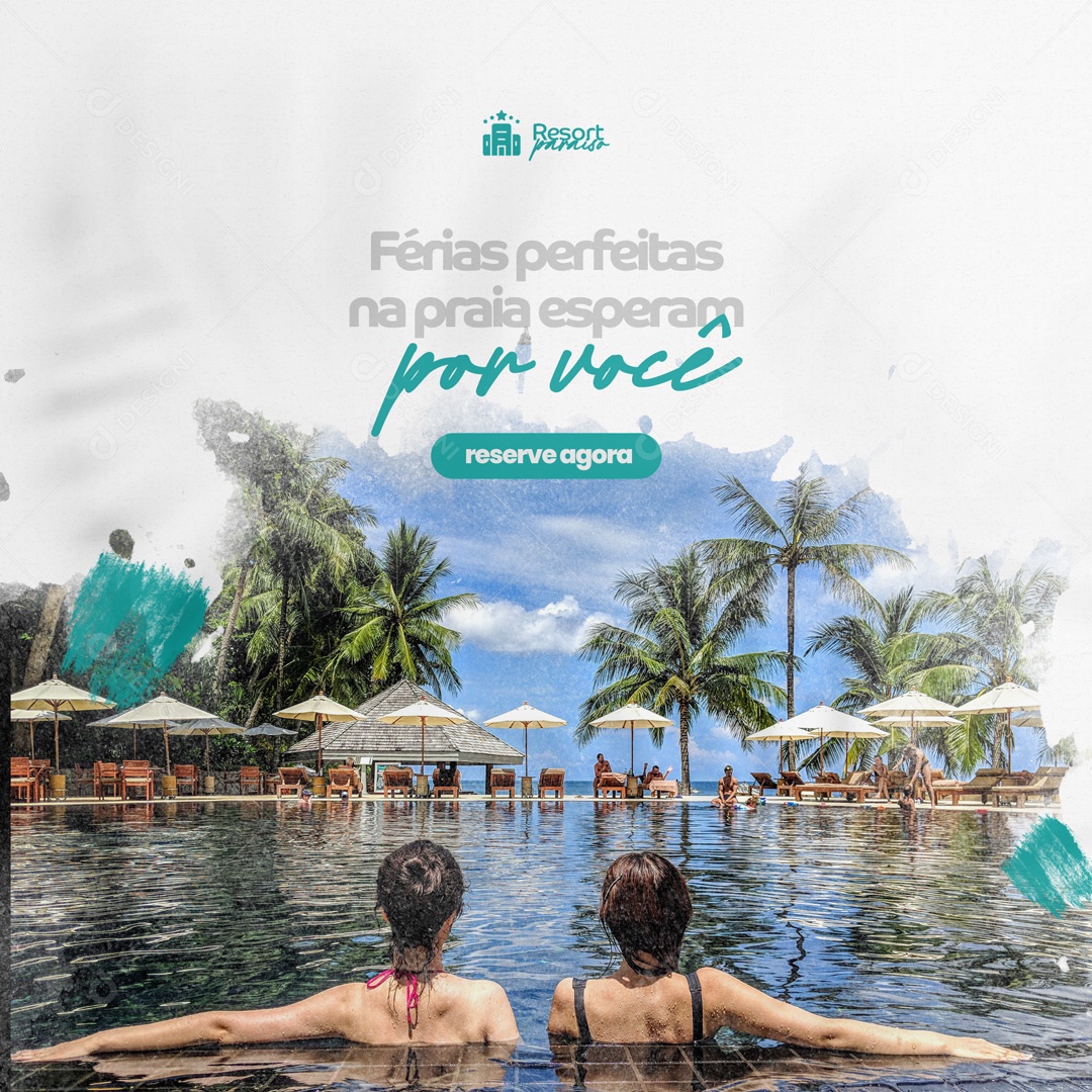 Férias Perfeitas na Praia Esperam Por Você, Reserve Agora Resort Social Media PSD Editável
