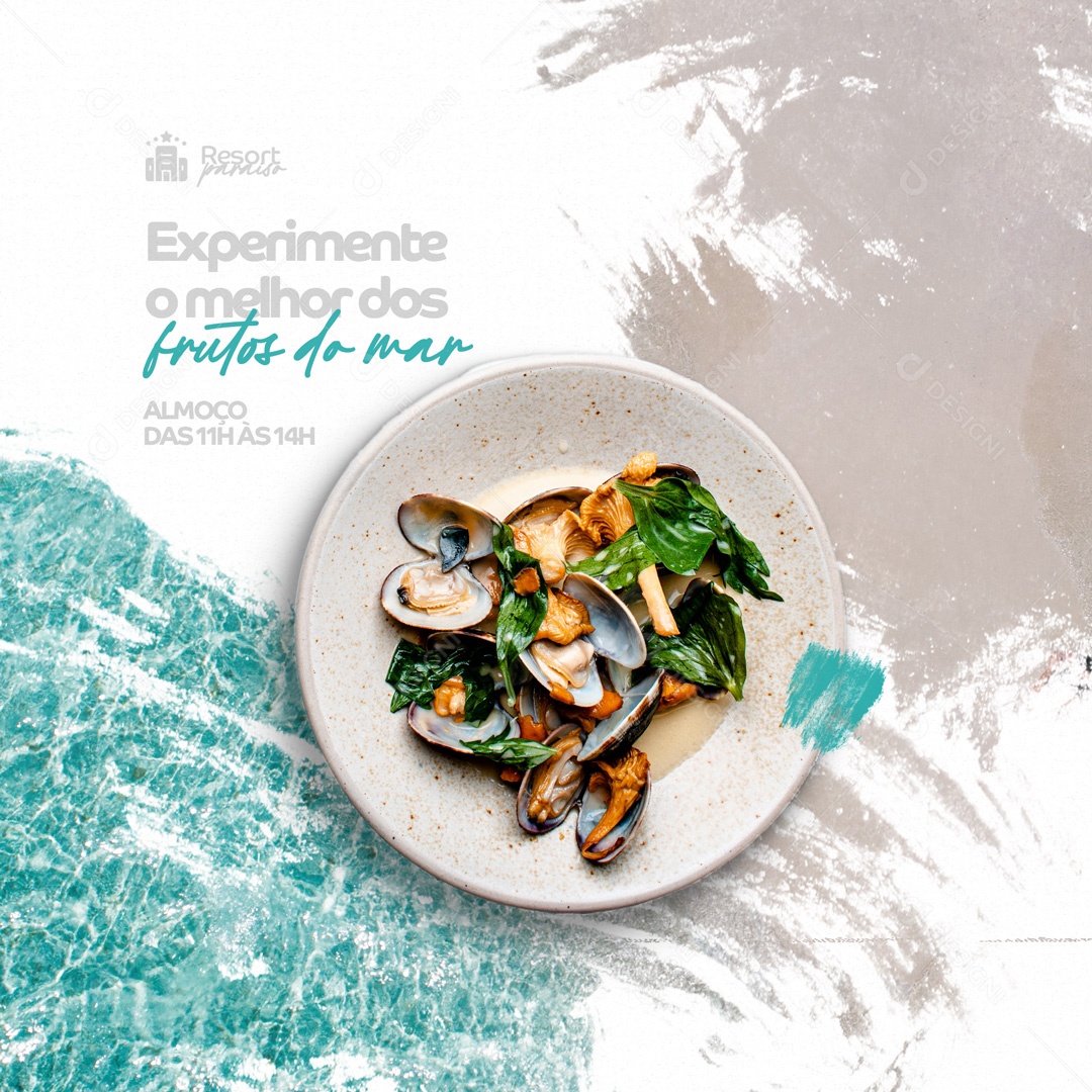 Experimente o Melhor dos Frutos do Mar Resort Social Media PSD Editável