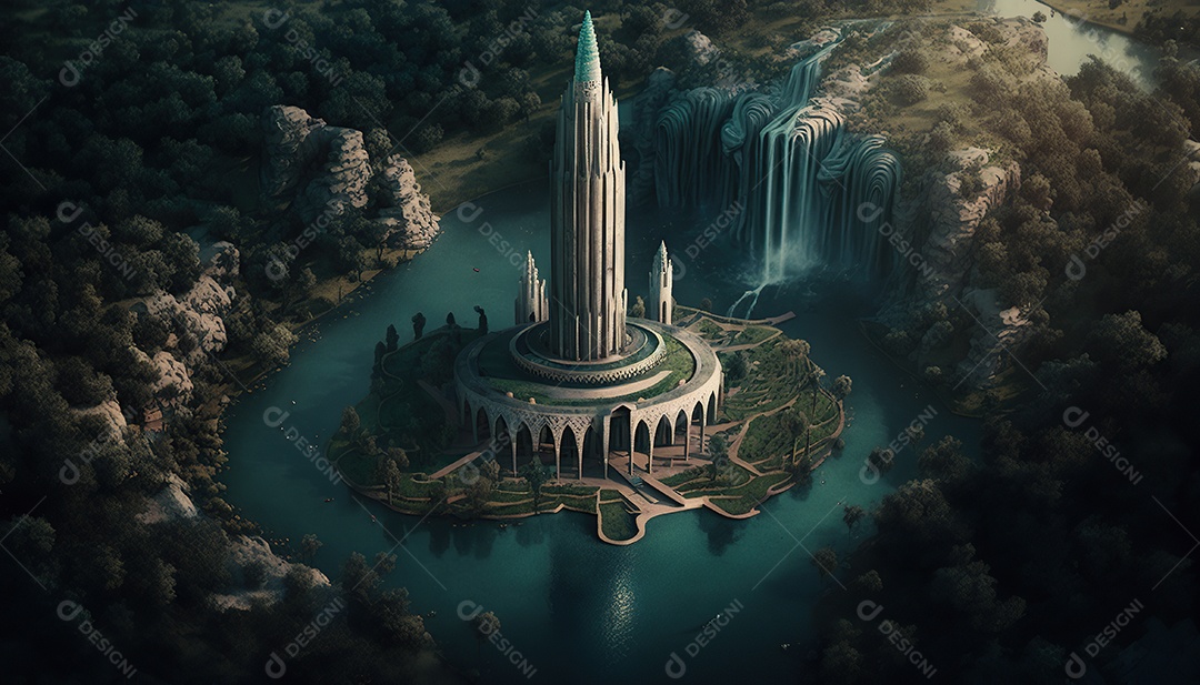 Vista aérea uma torre misteriosa no centro de uma cidade élfica em uma planície em Cachoeiras