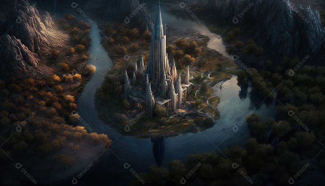 Vista aérea uma torre misteriosa no centro de uma cidade élfica em uma planície em Cachoeiras