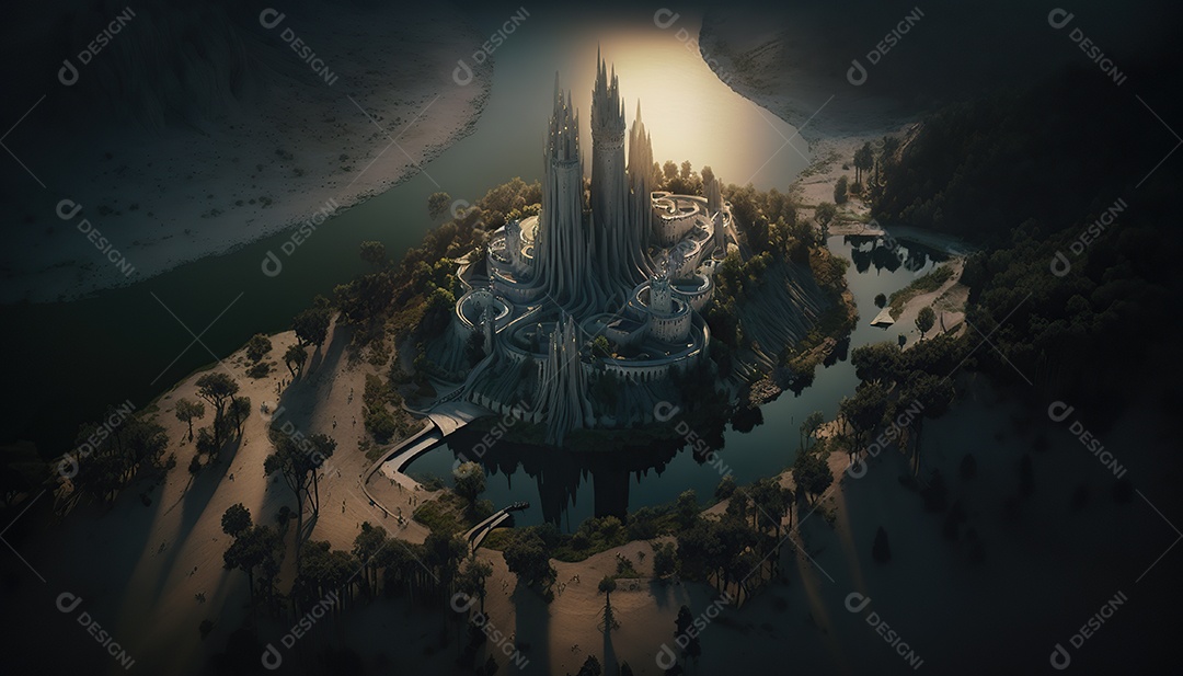 Vista aérea uma torre misteriosa no centro de uma cidade élfica em uma planície em Cachoeiras