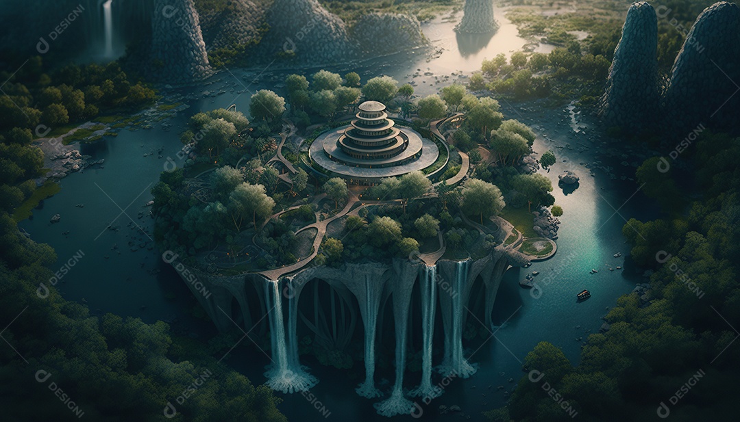 Vista aérea uma torre misteriosa no centro de uma cidade élfica em uma planície em Cachoeiras