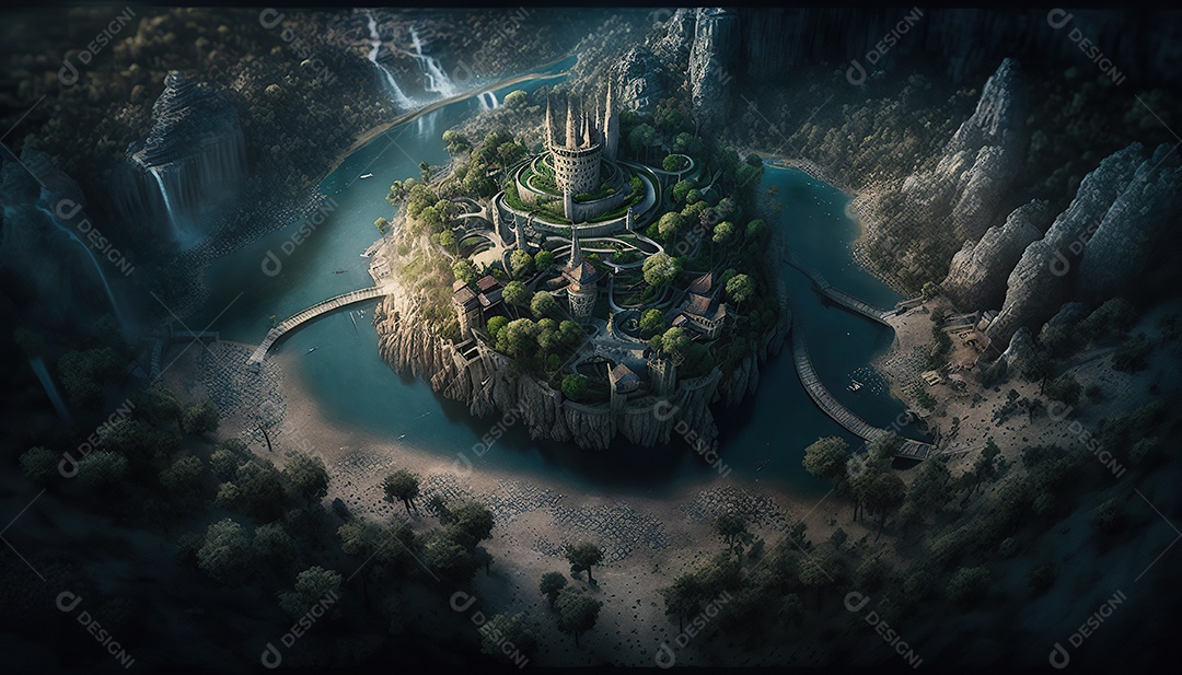 Vista aérea uma torre misteriosa no centro de uma cidade élfica em uma planície em Cachoeiras