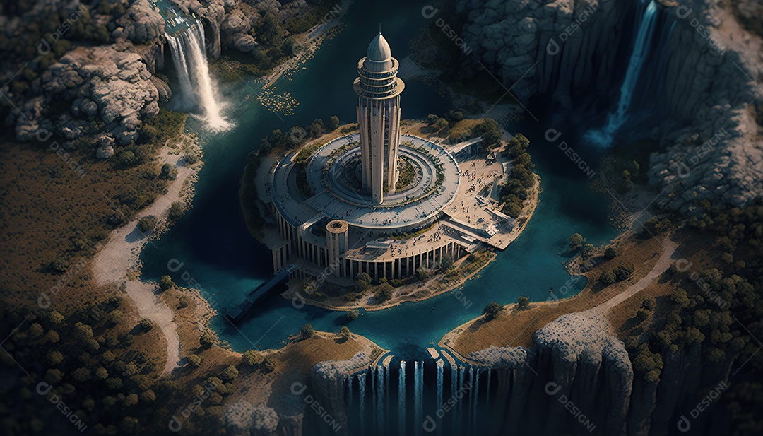 Vista aérea uma torre misteriosa no centro de uma cidade élfica em uma planície em Cachoeiras
