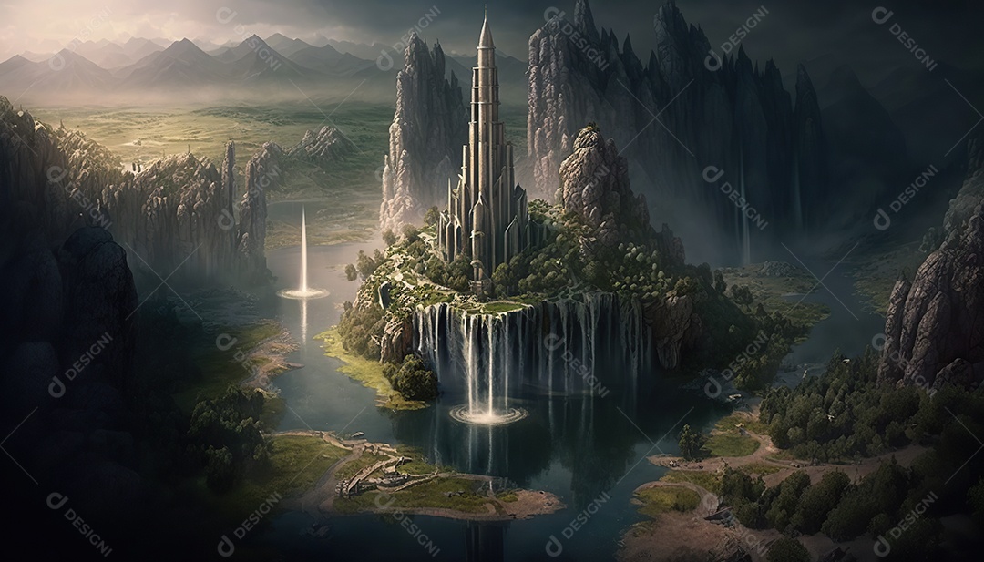 Vista aérea uma torre misteriosa no centro de uma cidade élfica em uma planície em Cachoeiras