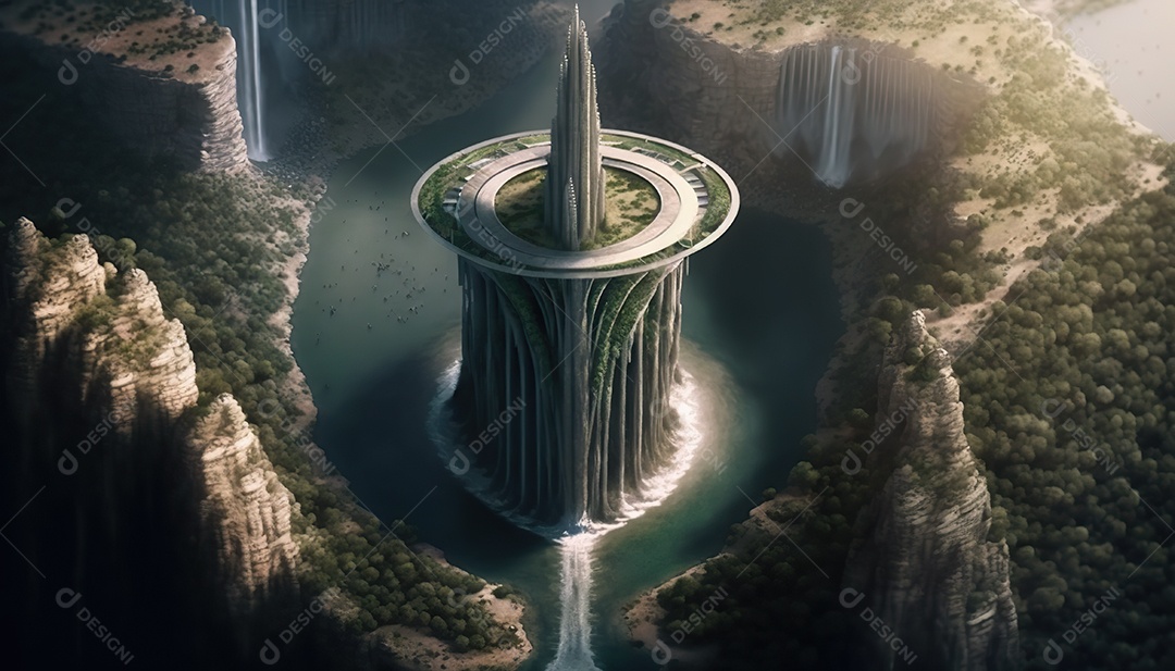 Vista aérea uma torre misteriosa no centro de uma cidade élfica em uma planície em Cachoeiras