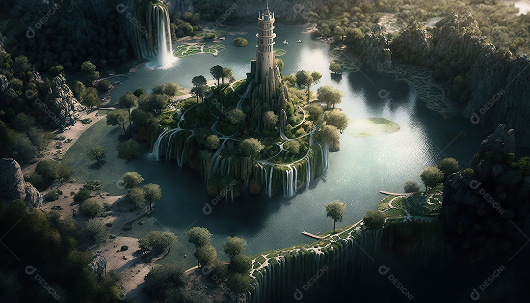 Vista aérea uma torre misteriosa no centro de uma cidade élfica em uma planície em Cachoeiras