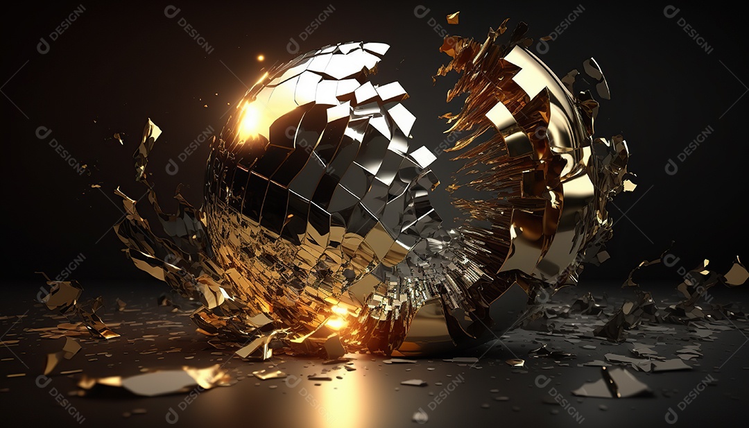 Bola de espelhos dourada girando e quebrando em fragmentos