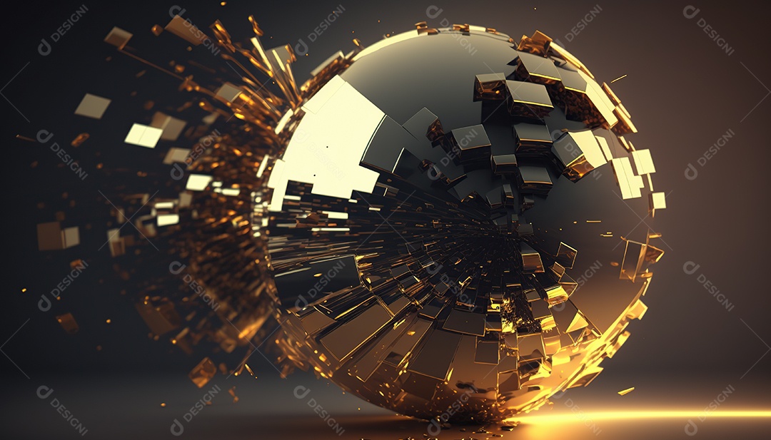 Bola de espelhos dourada girando e quebrando em fragmentos