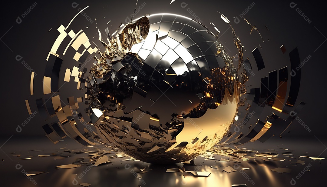 Bola de espelhos dourada girando e quebrando em fragmentos