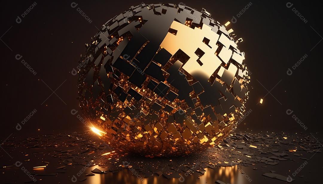 Bola de espelhos dourada girando e quebrando em fragmentos