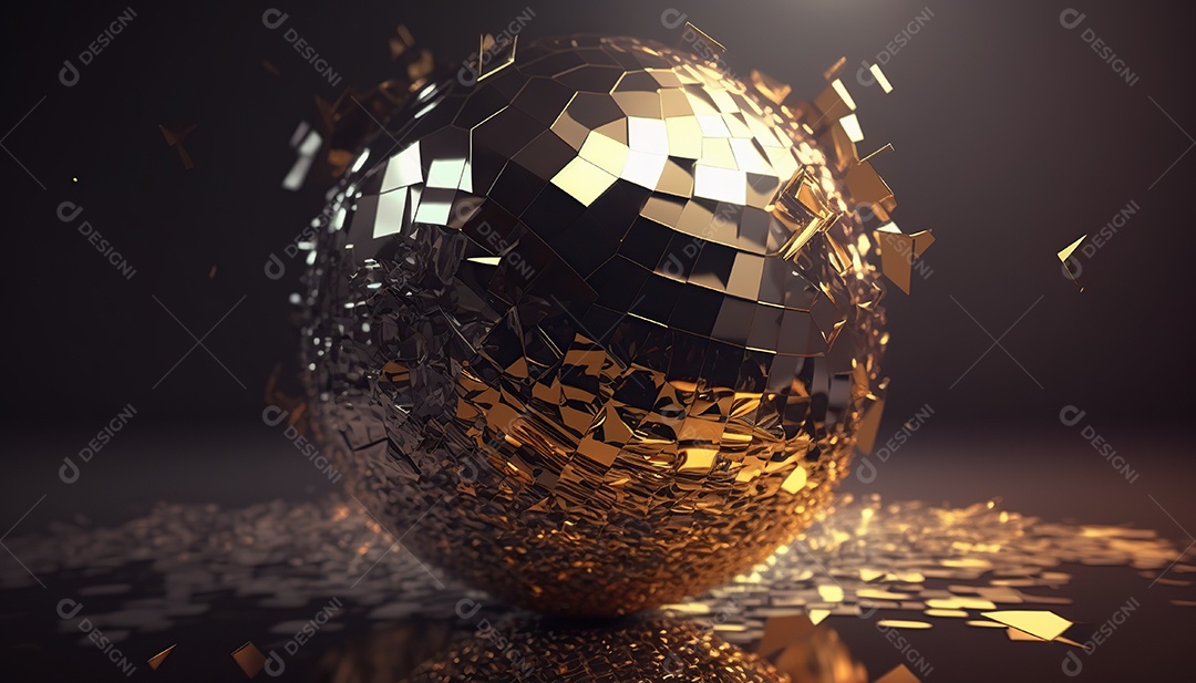 Bola de espelhos dourada girando e quebrando em fragmentos