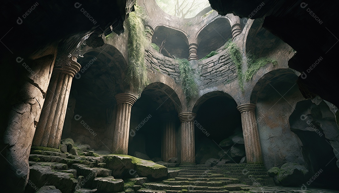 Uma caverna antiga em ruínas com um teto aberto que permite a entrada da luz solar