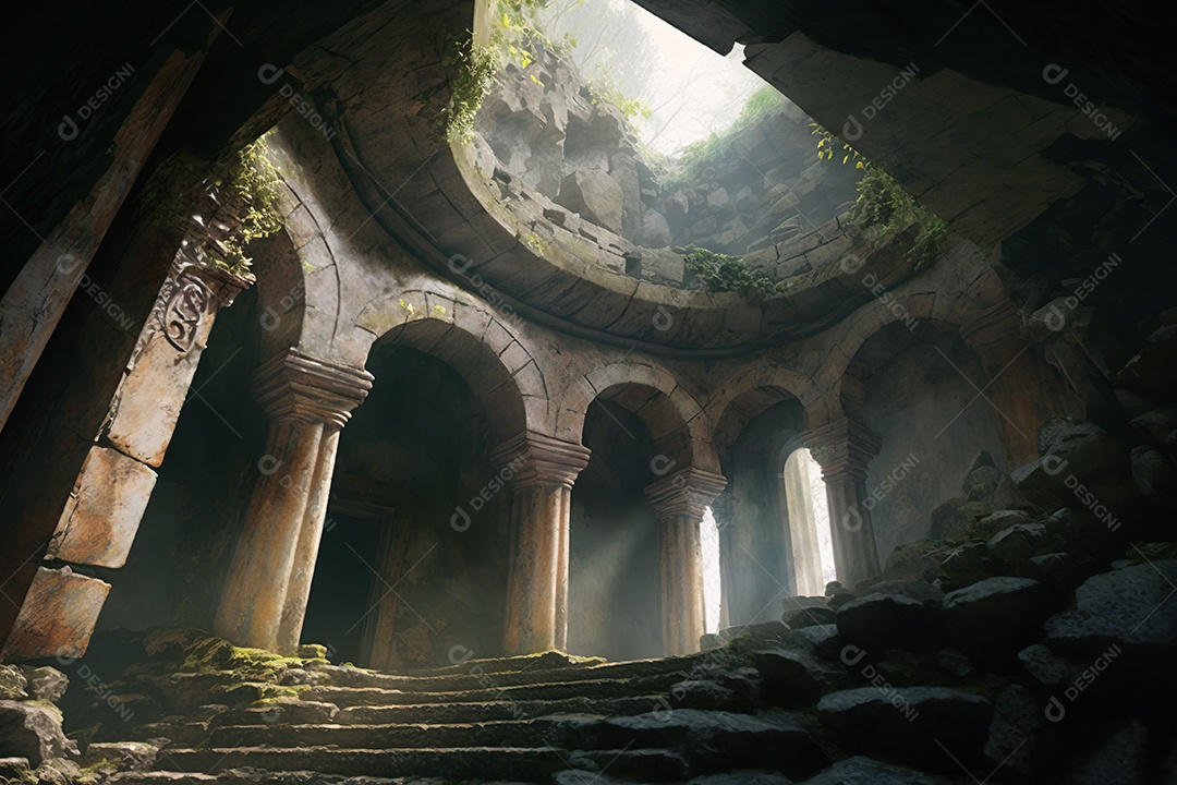 Uma caverna antiga em ruínas com um teto aberto que permite a entrada da luz solar