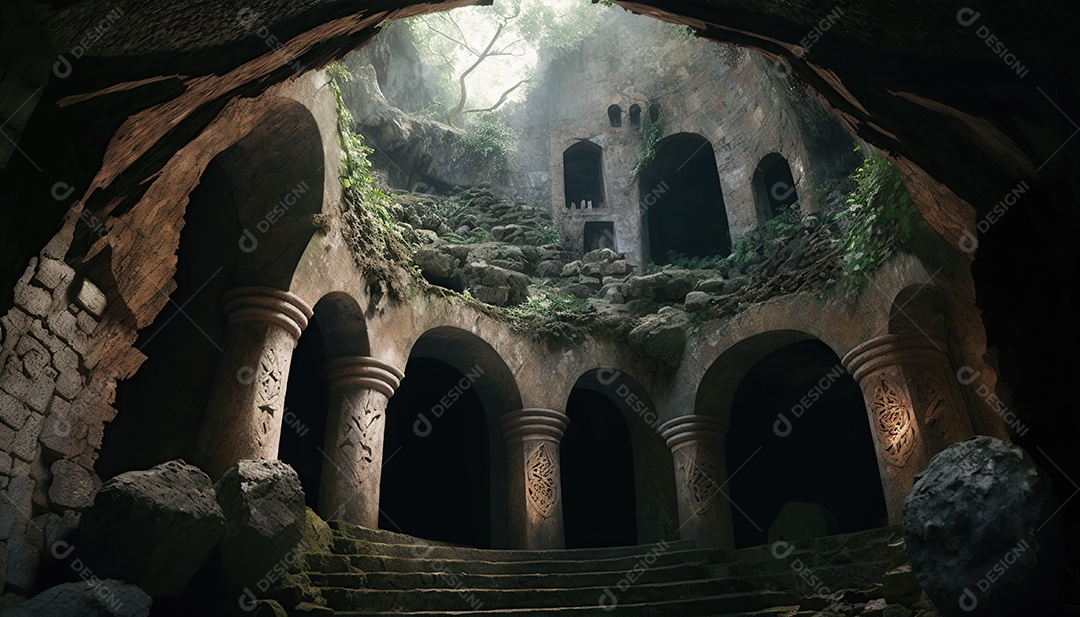 Uma caverna antiga em ruínas com um teto aberto que permite a entrada da luz solar