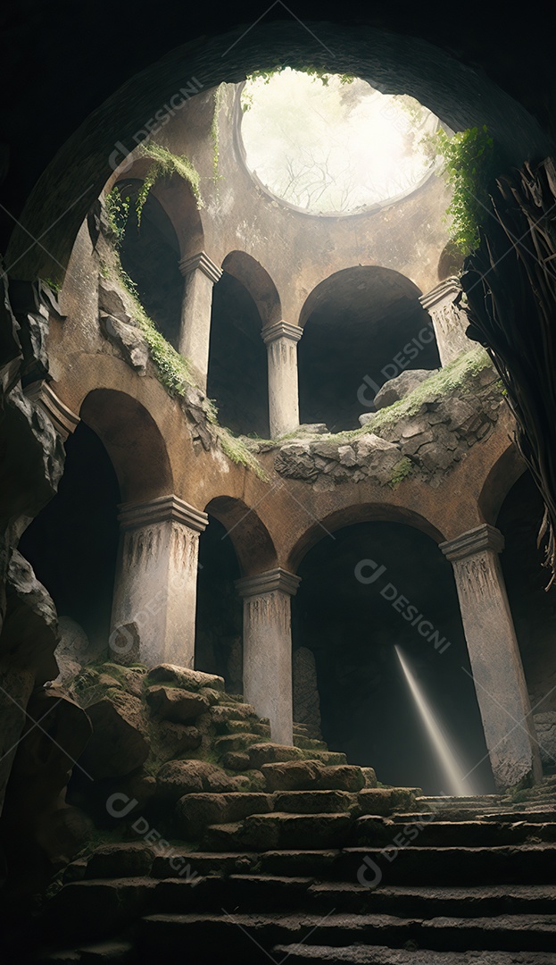 Uma caverna antiga em ruínas com um teto aberto que permite a entrada da luz solar