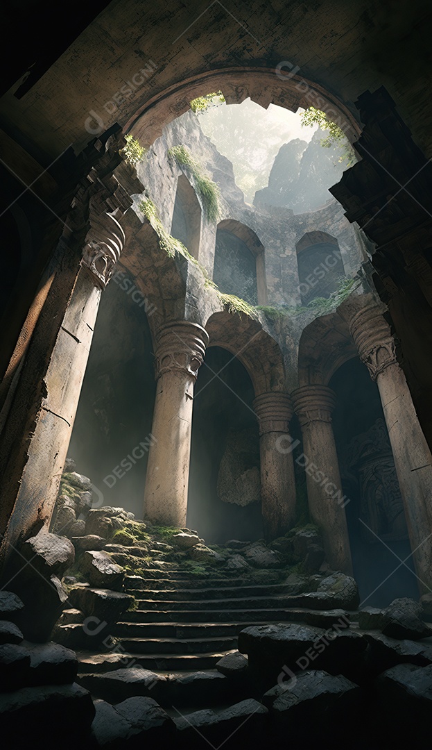 Uma caverna antiga em ruínas com um teto aberto que permite a entrada da luz solar