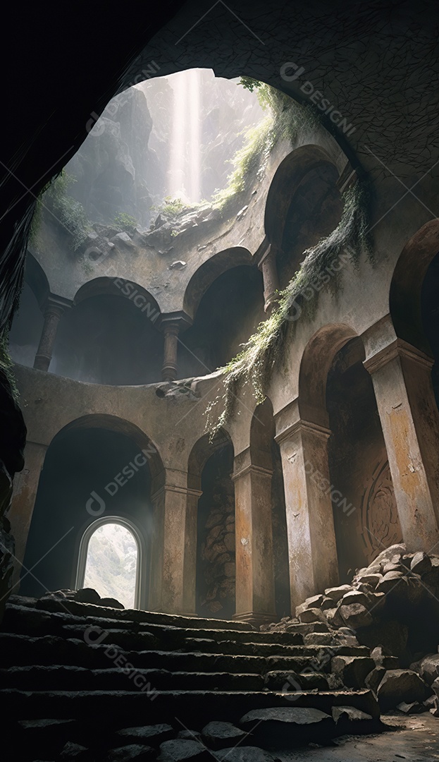 Cachoeira, uma antiga caverna em ruínas com um telhado aberto que deixa entrar a luz do sol. uma escada entre colunas contornando a caverna até o teto. Fantasia