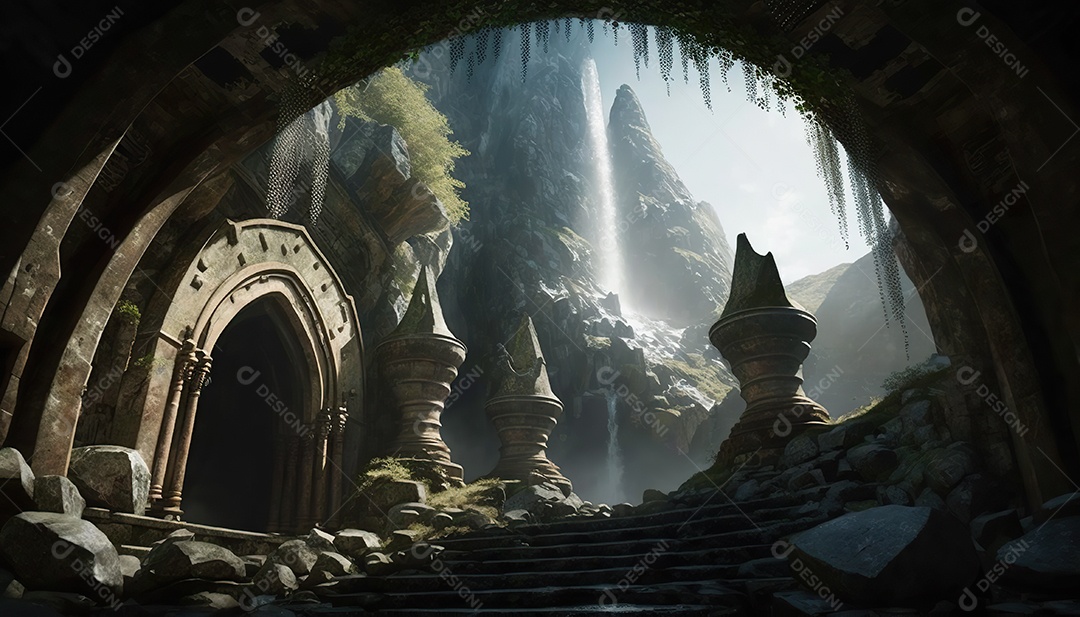 Cachoeira, uma antiga caverna em ruínas com um telhado aberto que deixa entrar a luz do sol. uma escada entre colunas contornando a caverna até o teto. Fantasia