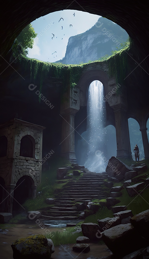 Cachoeira, uma antiga caverna em ruínas com um telhado aberto que deixa entrar a luz do sol. uma escada entre colunas contornando a caverna até o teto. Fantasia