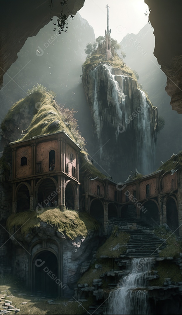 Cachoeira, uma antiga caverna em ruínas com um telhado aberto que deixa entrar a luz do sol. uma escada entre colunas contornando a caverna até o teto. Fantasia