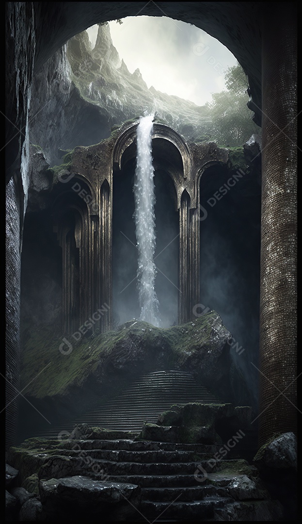 Cachoeira, uma antiga caverna em ruínas com um telhado aberto que deixa entrar a luz do sol. uma escada entre colunas contornando a caverna até o teto. Fantasia