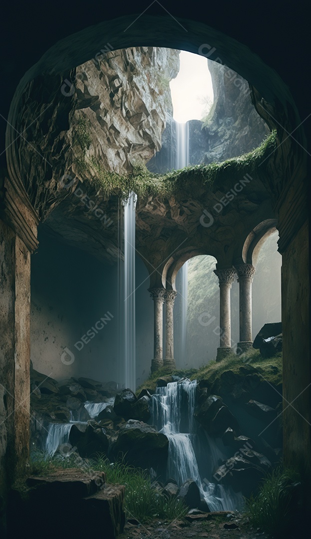 Cachoeira, uma antiga caverna em ruínas com um telhado aberto que deixa entrar a luz do sol. uma escada entre colunas contornando a caverna até o teto. Fantasia