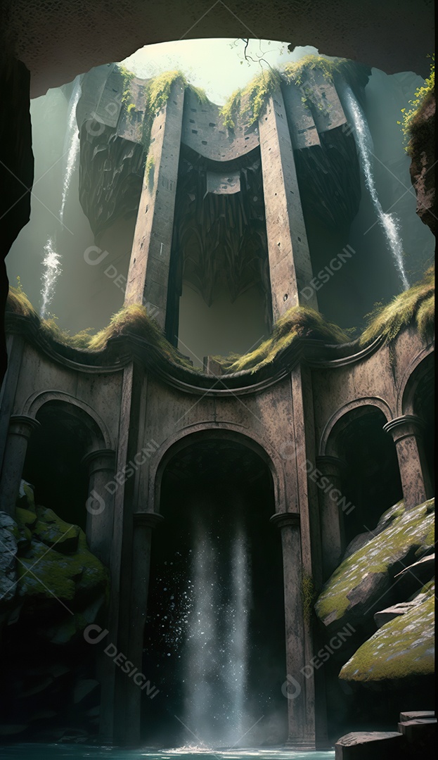 Cachoeira, uma antiga caverna em ruínas com um telhado aberto que deixa entrar a luz do sol. uma escada entre colunas contornando a caverna até o teto. Fantasia