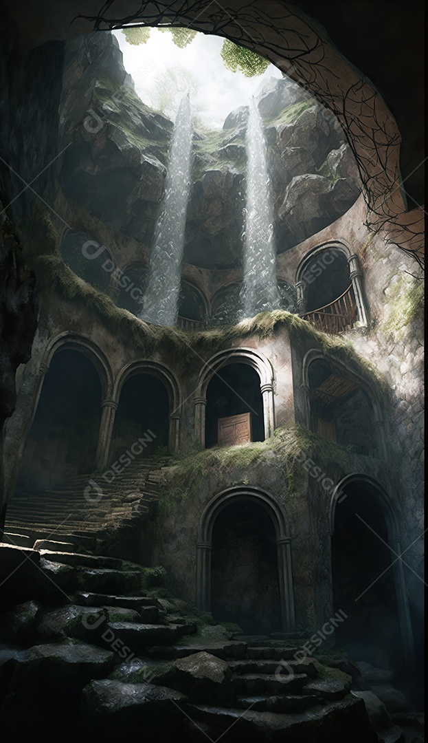 Cachoeira, uma antiga caverna em ruínas com um telhado aberto que deixa entrar a luz do sol. uma escada entre colunas contornando a caverna até o teto. Fantasia