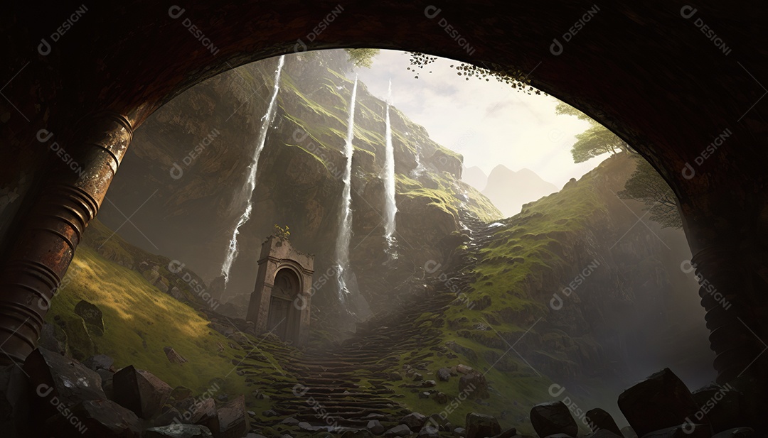 Cachoeira, uma antiga caverna em ruínas com um telhado aberto que deixa entrar a luz do sol. uma escada entre colunas contornando a caverna até o teto. Fantasia