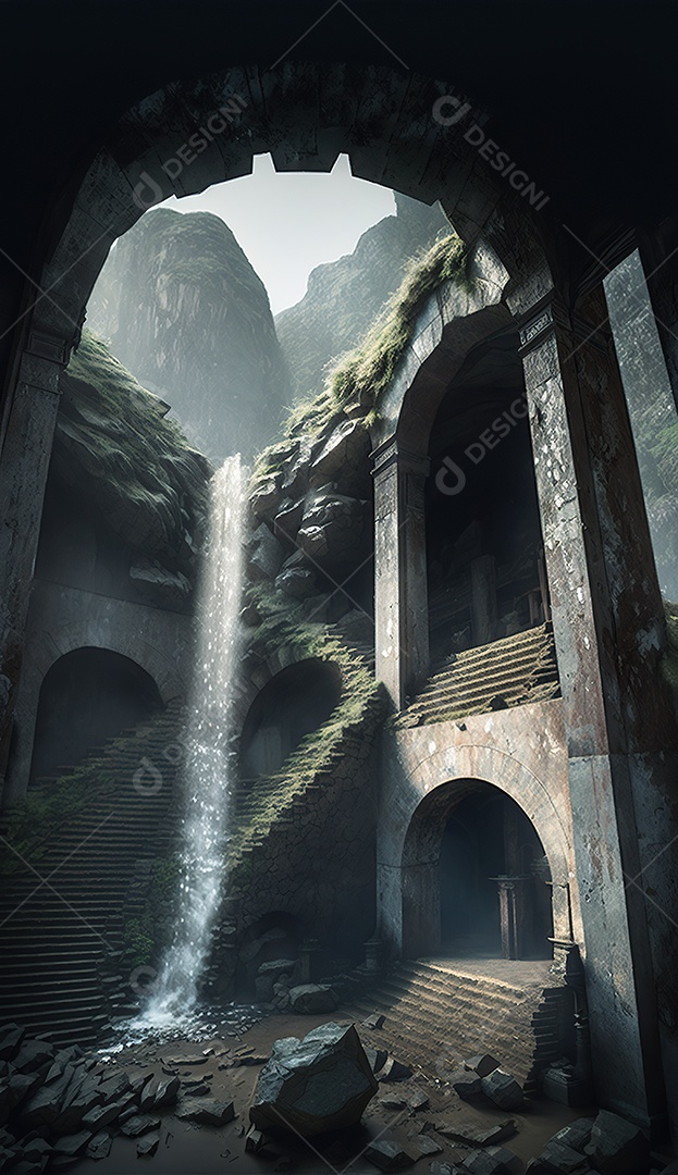 Cachoeira, uma antiga caverna em ruínas com um telhado aberto que deixa entrar a luz do sol. uma escada entre colunas contornando a caverna até o teto. Fantasia