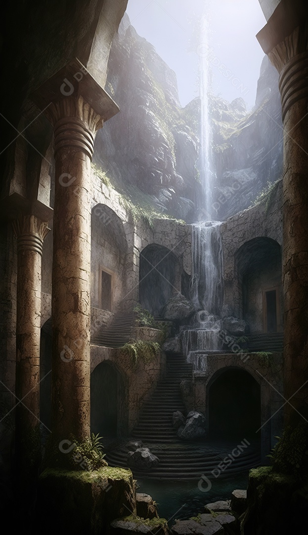 Cachoeira, uma antiga caverna em ruínas com um telhado aberto que deixa entrar a luz do sol. uma escada entre colunas contornando a caverna até o teto. Fantasia