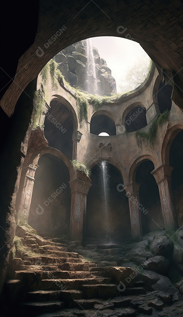 Cachoeira, uma antiga caverna em ruínas com um telhado aberto que deixa entrar a luz do sol. uma escada entre colunas contornando a caverna até o teto. Fantasia