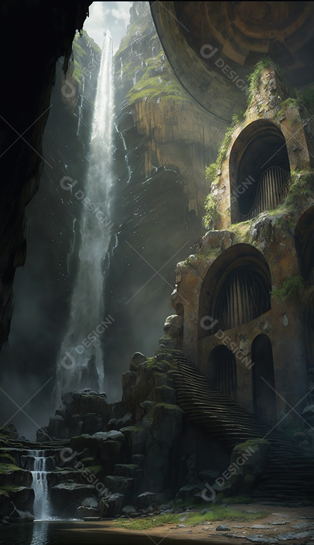 Cachoeira, uma antiga caverna em ruínas com um telhado aberto que deixa entrar a luz do sol. uma escada entre colunas contornando a caverna até o teto. Fantasia