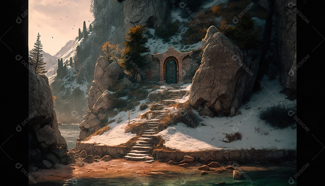 Porta secreta élfica na montanha, fantasia, misteriosa. Paisagem bonita. arte conceitual