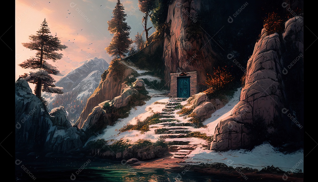 Porta secreta élfica na montanha, fantasia, misteriosa. Paisagem bonita. arte conceitual