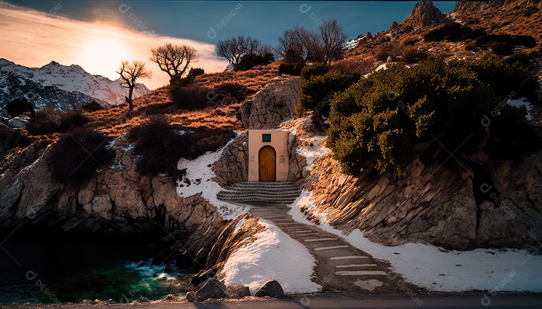 Porta secreta élfica na montanha, fantasia, misteriosa. Paisagem bonita. arte conceitual