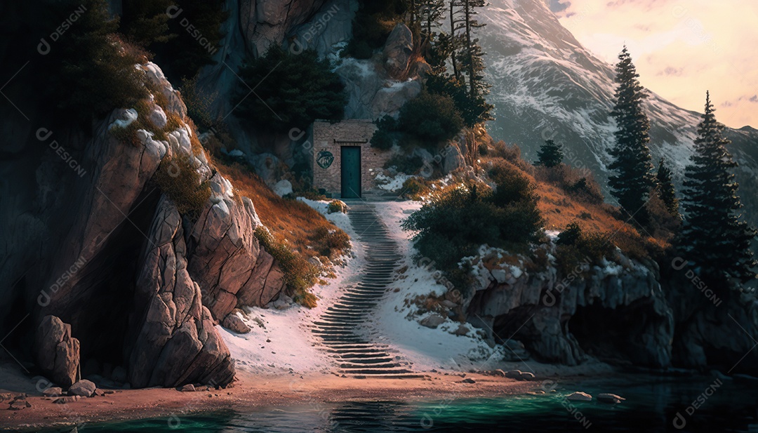 Porta secreta élfica na montanha, fantasia, misteriosa. Paisagem bonita. arte conceitual